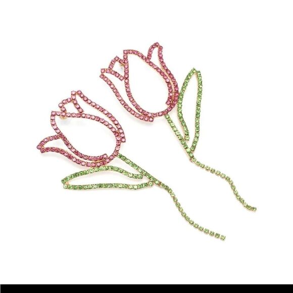 New ZARA Pink tulip crystal drop earrings - Picture 7 of 11